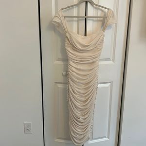 HOUSE OF CB CARLOTTA IVORY RUCHED DRAPED CHIFFON DRESS SZ XS